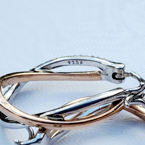 10K Rose Gold and Sterling Silver Pave Diamond Crossover Hoops - Picture 8 of 16